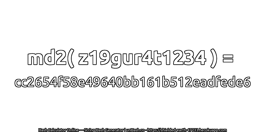 md2( z19gur4t1234 ) = cc2654f58e49640bb161b512eadfede6 | unHash.co