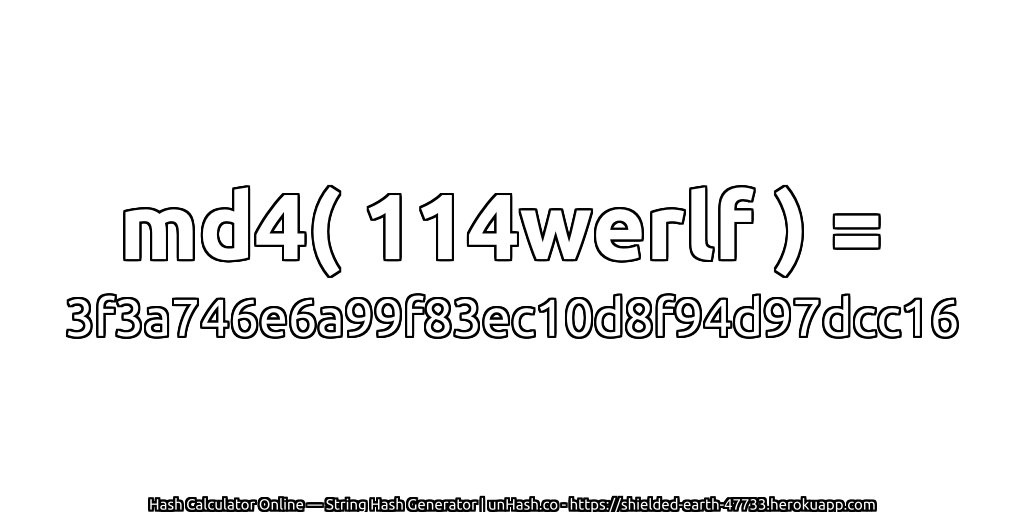 md4( 114werlf ) = 3f3a746e6a99f83ec10d8f94d97dcc16 | unHash.co