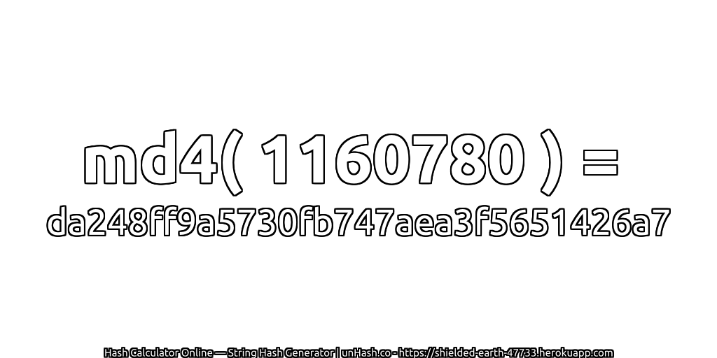 md4( 1160780 ) = da248ff9a5730fb747aea3f5651426a7 | unHash.co