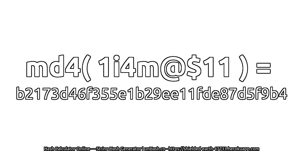 md4( 1i4m@$11 ) = b2173d46f355e1b29ee11fde87d5f9b4 | unHash.co