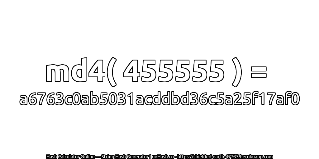 md4( 455555 ) = a6763c0ab5031acddbd36c5a25f17af0 | unHash.co