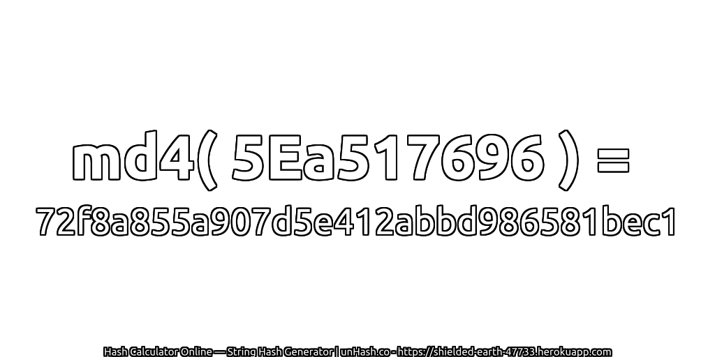 md4( 5Ea517696 ) = 72f8a855a907d5e412abbd986581bec1 | unHash.co