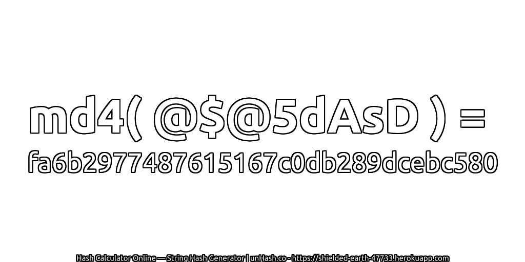 md4( @$@5dAsD ) = fa6b2977487615167c0db289dcebc580 | unHash.co