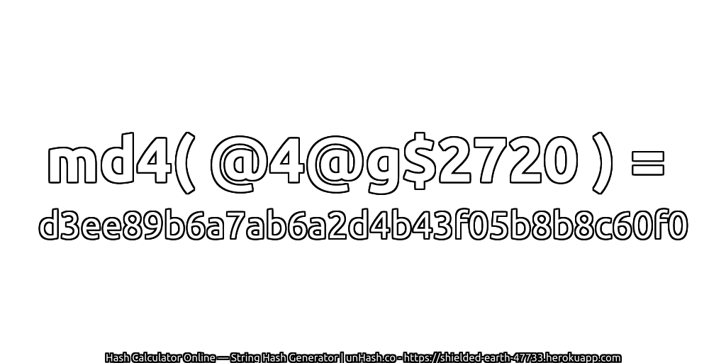 md4( @4@g$2720 ) = d3ee89b6a7ab6a2d4b43f05b8b8c60f0 | unHash.co