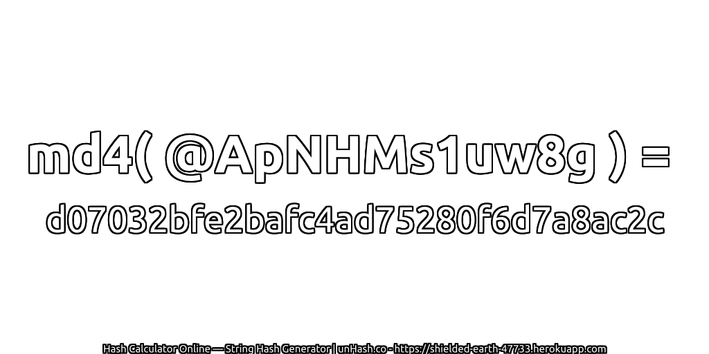 md4( @ApNHMs1uw8g ) = d07032bfe2bafc4ad75280f6d7a8ac2c | unHash.co