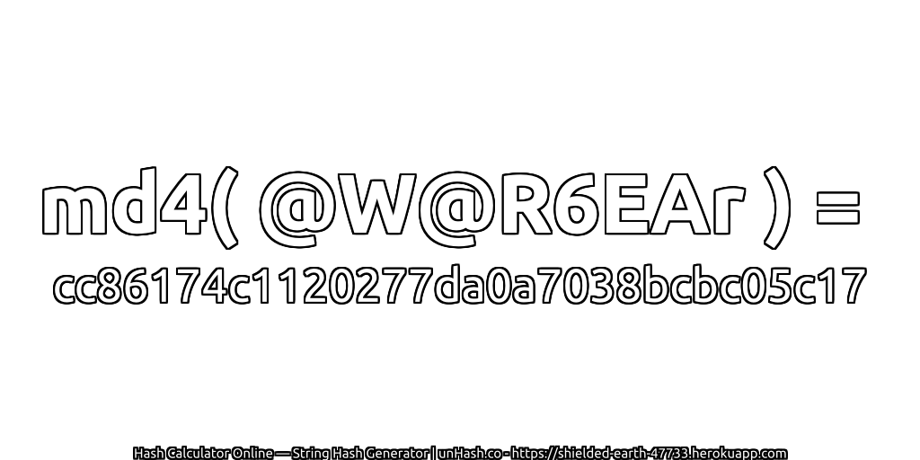 md4( @W@R6EAr ) = cc86174c1120277da0a7038bcbc05c17 | unHash.co