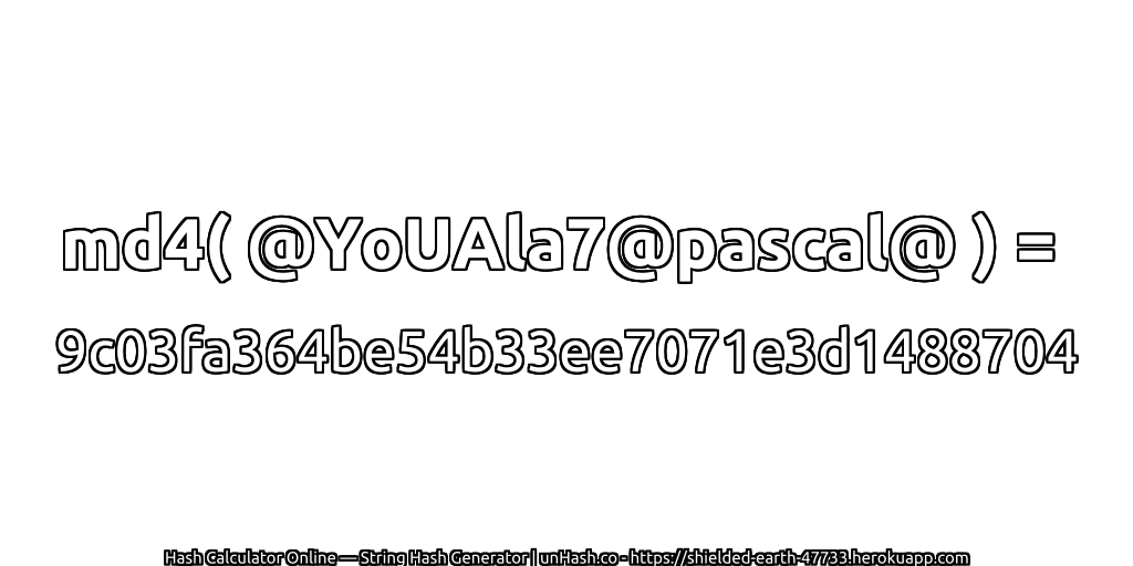 md4( @YoUAla7@pascal@ ) = 9c03fa364be54b33ee7071e3d1488704 | unHash.co