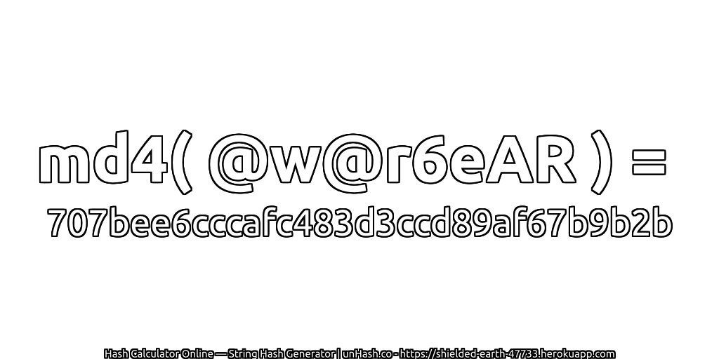 md4( @w@r6eAR ) = 707bee6cccafc483d3ccd89af67b9b2b | unHash.co