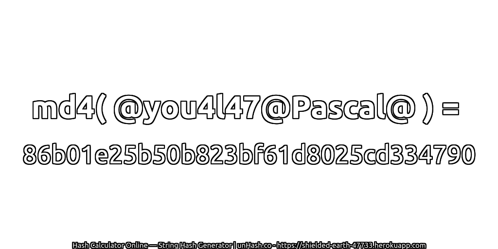 md4( @you4l47@Pascal@ ) = 86b01e25b50b823bf61d8025cd334790 | unHash.co