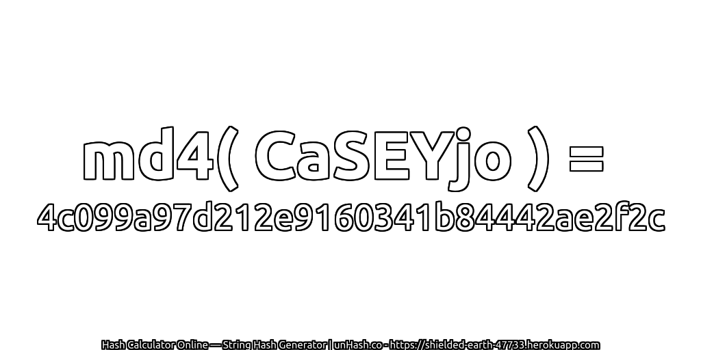 md4( CaSEYjo ) = 4c099a97d212e9160341b84442ae2f2c | unHash.co