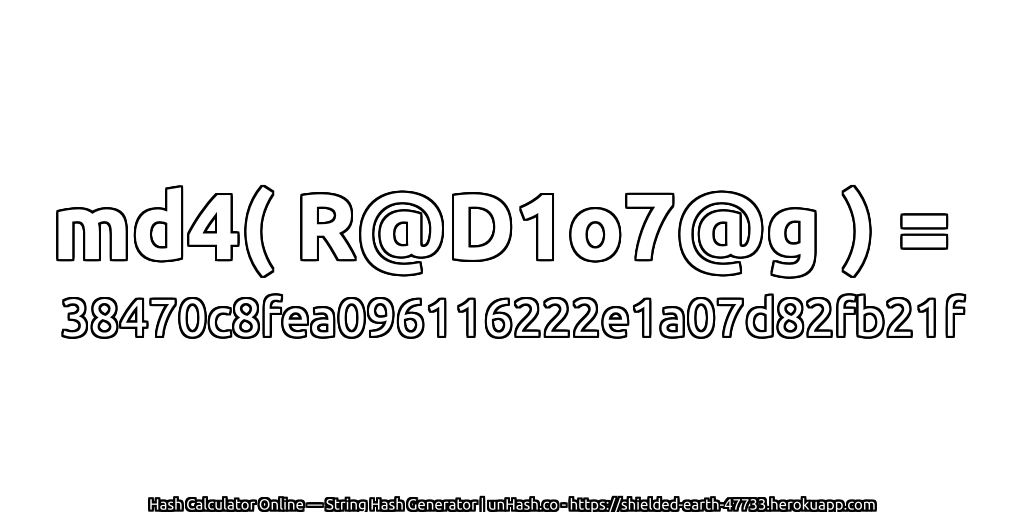 md4( R@D1o7@g ) = 38470c8fea096116222e1a07d82fb21f | unHash.co