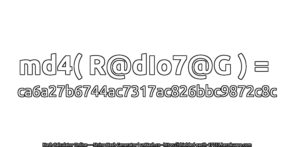 md4( R@dIo7@G ) = ca6a27b6744ac7317ac826bbc9872c8c | unHash.co