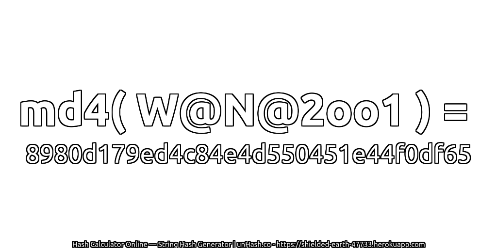 md4( W@N@2oo1 ) = 8980d179ed4c84e4d550451e44f0df65 | unHash.co