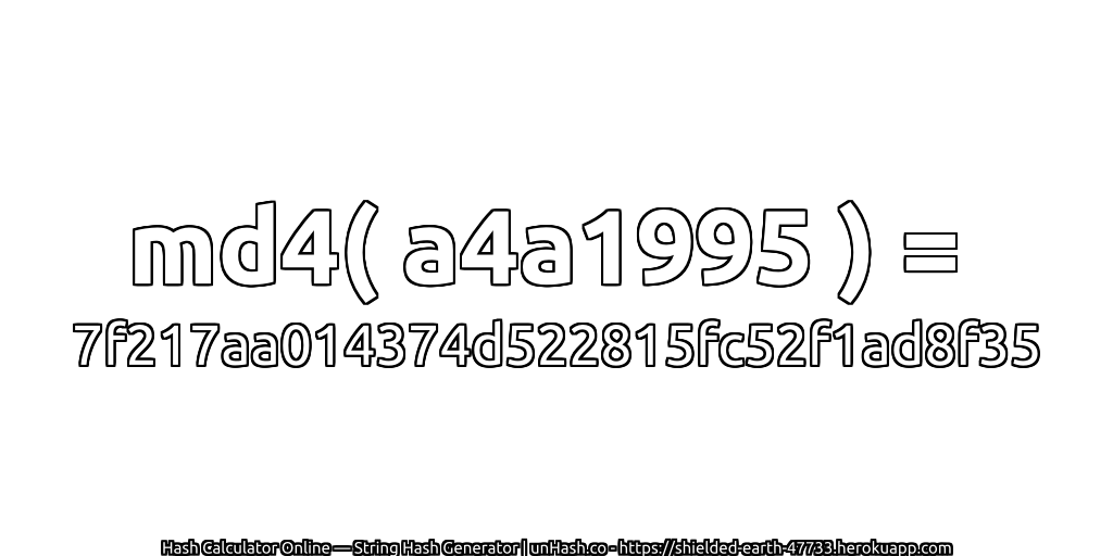 md4( a4a1995 ) = 7f217aa014374d522815fc52f1ad8f35 | unHash.co