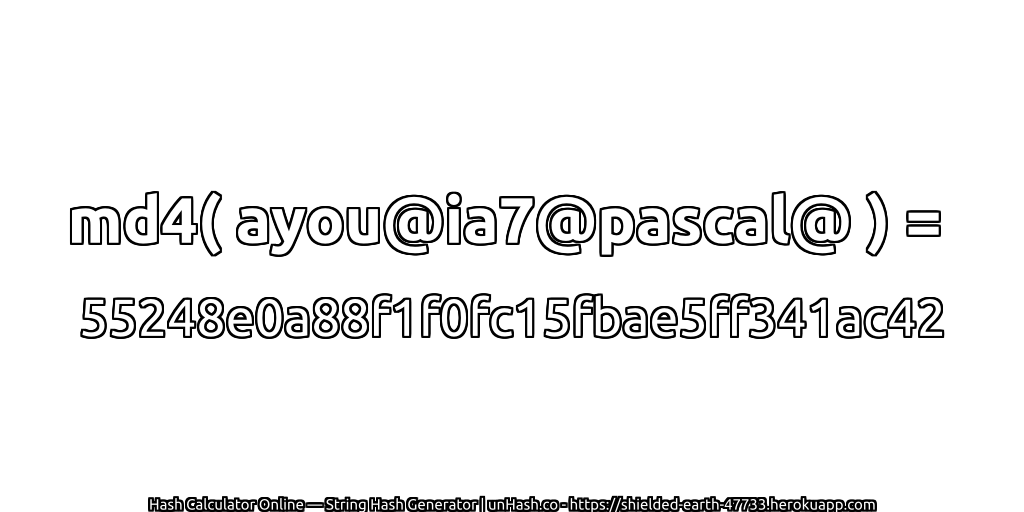 md4( ayou@ia7@pascal@ ) = 55248e0a88f1f0fc15fbae5ff341ac42 | unHash.co