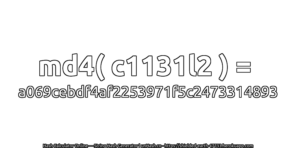 md4( c1131l2 ) = a069cebdf4af2253971f5c2473314893 | unHash.co