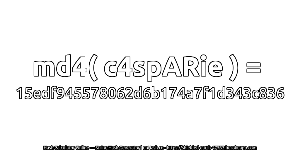 md4( c4spARie ) = 15edf945578062d6b174a7f1d343c836 | unHash.co