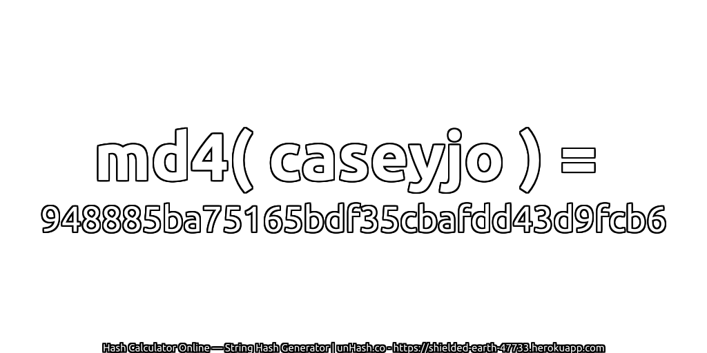 md4( caseyjo ) = 948885ba75165bdf35cbafdd43d9fcb6 | unHash.co