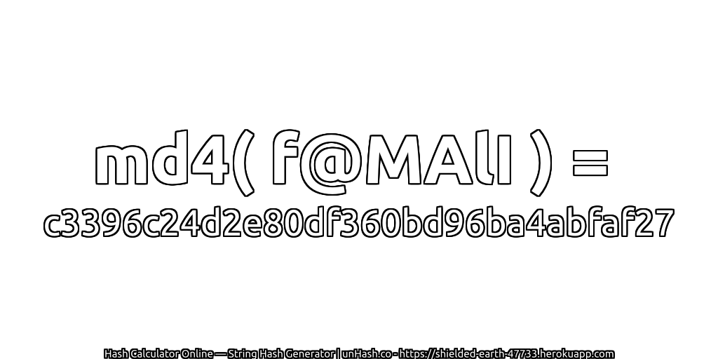 md4( f@MAlI ) = c3396c24d2e80df360bd96ba4abfaf27 | unHash.co