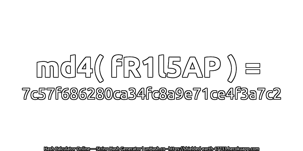 md4( fR1l5AP ) = 7c57f686280ca34fc8a9e71ce4f3a7c2 | unHash.co