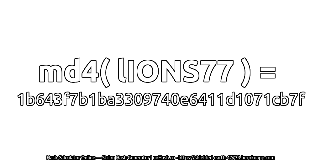 md4( lIONS77 ) = 1b643f7b1ba3309740e6411d1071cb7f | unHash.co