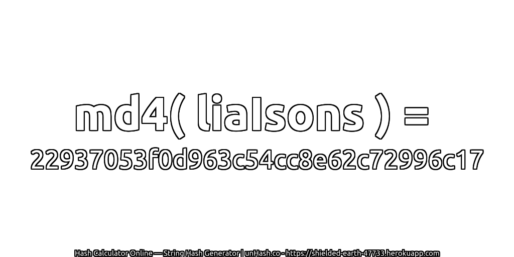 md4( liaIsons ) = 22937053f0d963c54cc8e62c72996c17 | unHash.co