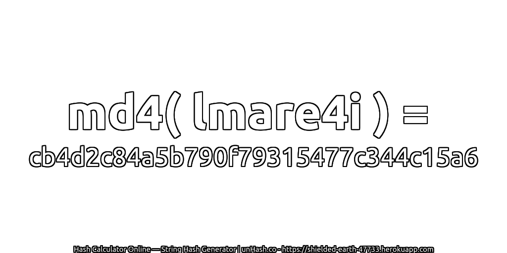 md4( lmare4i ) = cb4d2c84a5b790f79315477c344c15a6 | unHash.co