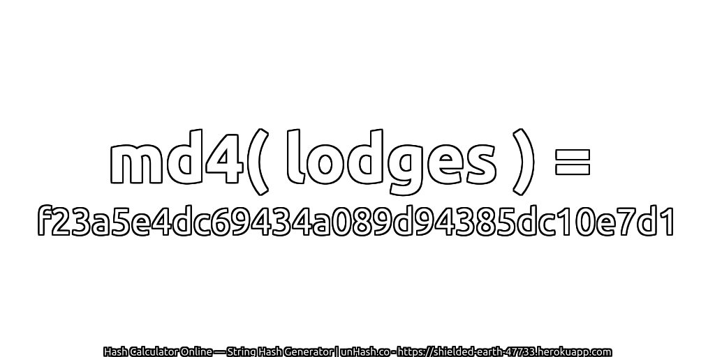 md4( lodges ) = f23a5e4dc69434a089d94385dc10e7d1 | unHash.co