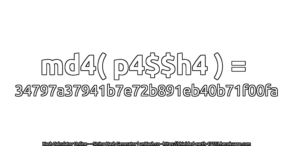 md4( p4$$h4 ) = 34797a37941b7e72b891eb40b71f00fa | unHash.co