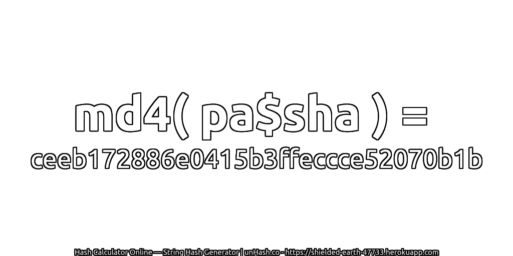 md4( pa$sha ) = ceeb172886e0415b3ffeccce52070b1b | unHash.co