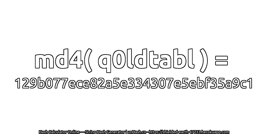 md4( q0ldtabl ) = 129b077ece82a5e334307e5ebf35a9c1 | unHash.co
