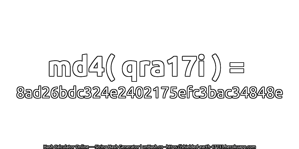 md4( qra17i ) = 8ad26bdc324e2402175efc3bac34848e | unHash.co