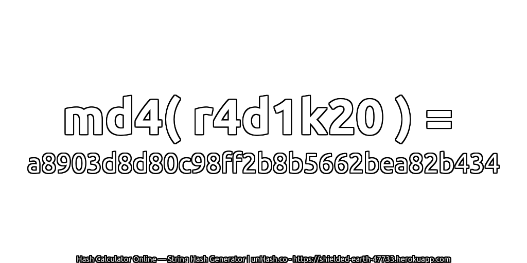 md4( r4d1k20 ) = a8903d8d80c98ff2b8b5662bea82b434 | unHash.co