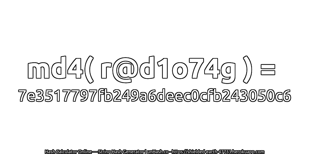 md4( r@d1o74g ) = 7e3517797fb249a6deec0cfb243050c6 | unHash.co