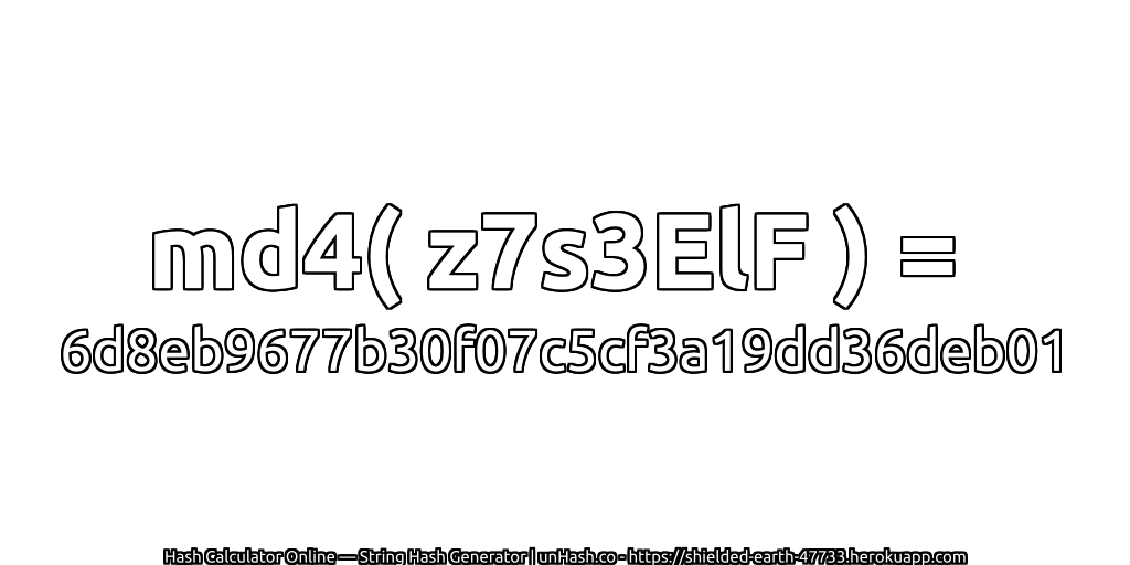 md4( z7s3ElF ) = 6d8eb9677b30f07c5cf3a19dd36deb01 | unHash.co