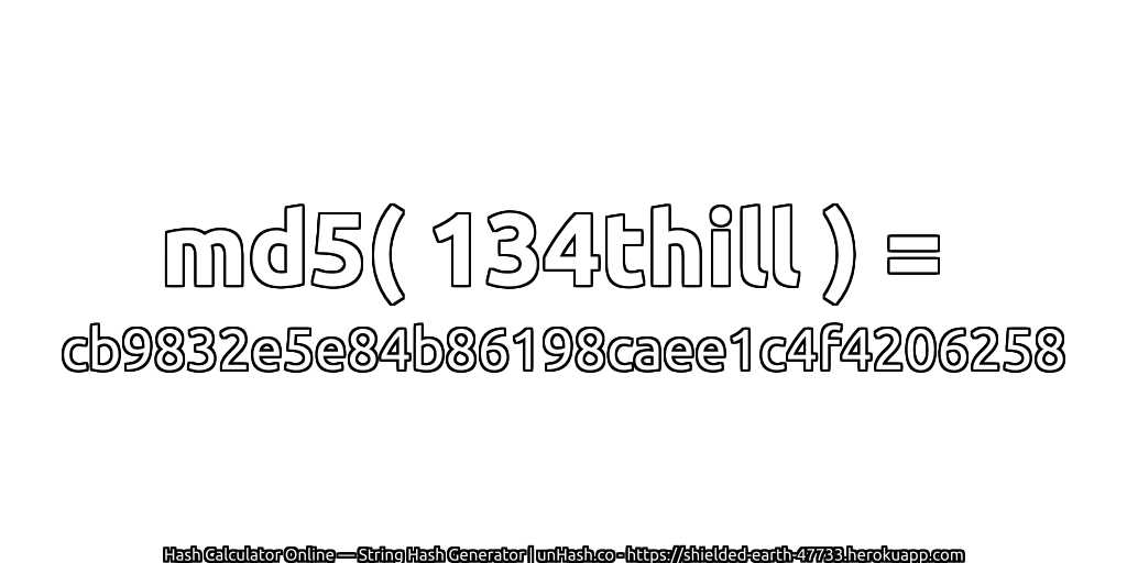 md5( 134thill ) = cb9832e5e84b86198caee1c4f4206258 | unHash.co
