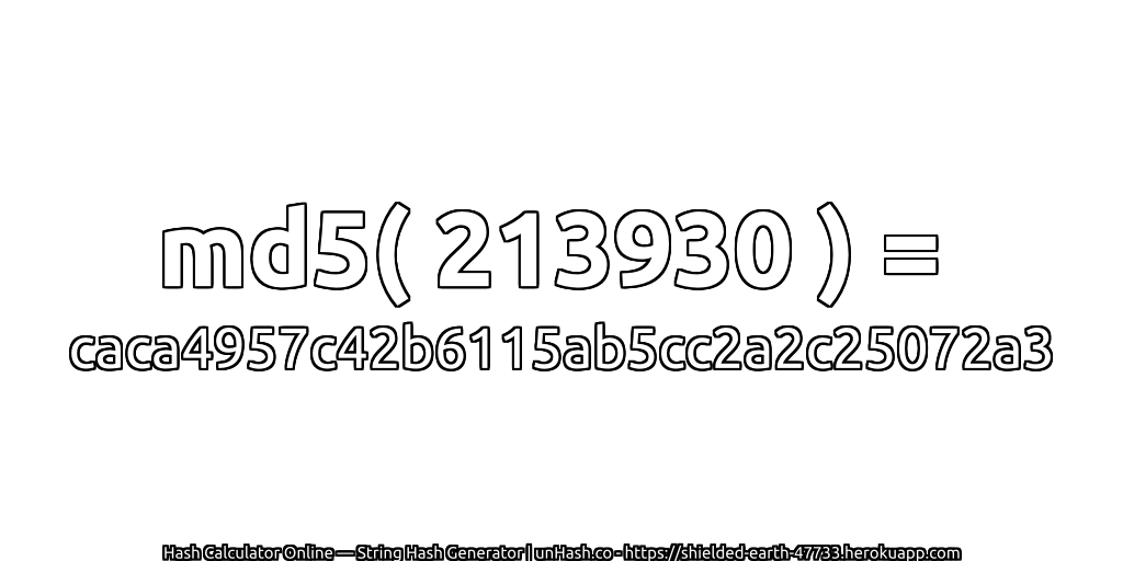 md5( 213930 ) = caca4957c42b6115ab5cc2a2c25072a3 | unHash.co