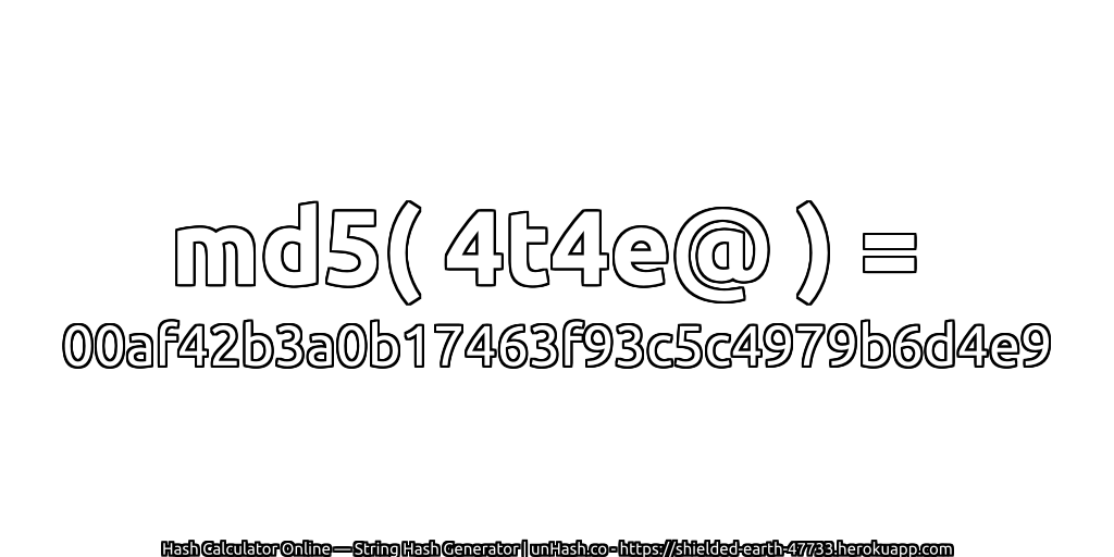 md5( 4t4e@ ) = 00af42b3a0b17463f93c5c4979b6d4e9 | unHash.co