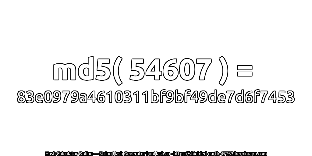 md5( 54607 ) = 83e0979a4610311bf9bf49de7d6f7453 | unHash.co