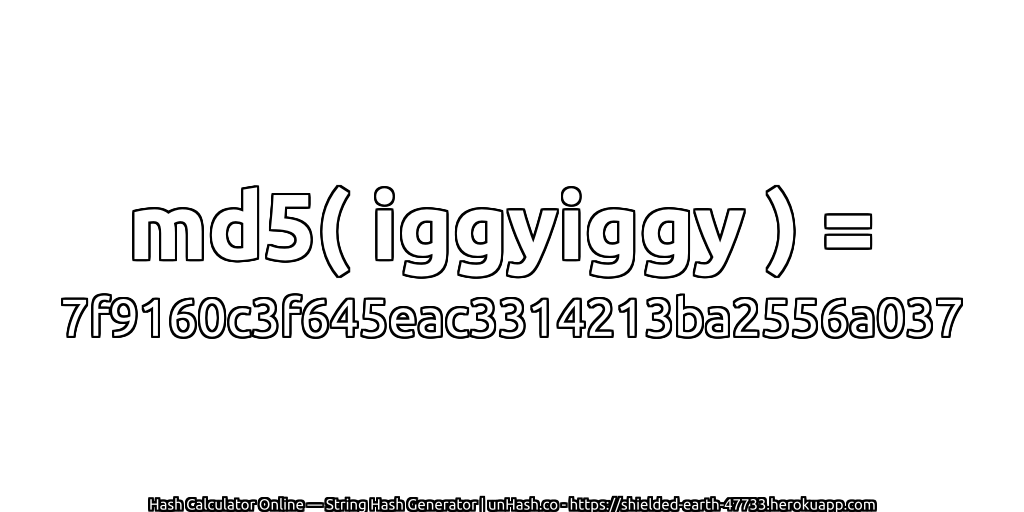 md5( iggyiggy ) = 7f9160c3f645eac3314213ba2556a037 | unHash.co