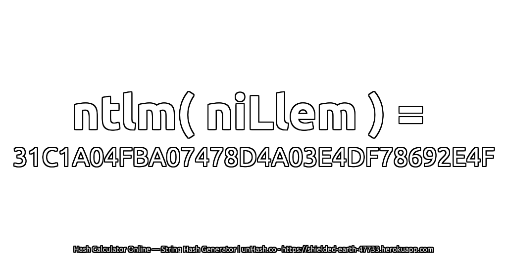 ntlm( niLlem ) = 31C1A04FBA07478D4A03E4DF78692E4F | unHash.co