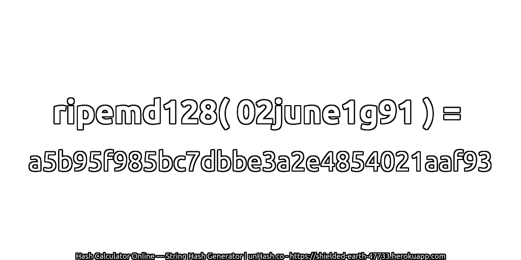ripemd128( 02june1g91 ) = a5b95f985bc7dbbe3a2e4854021aaf93 | unHash.co