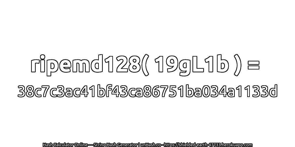 ripemd128( 19gL1b ) = 38c7c3ac41bf43ca86751ba034a1133d | unHash.co