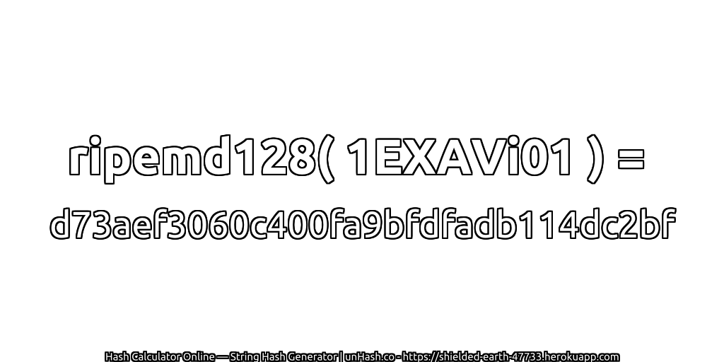 ripemd128( 1EXAVi01 ) = d73aef3060c400fa9bfdfadb114dc2bf | unHash.co