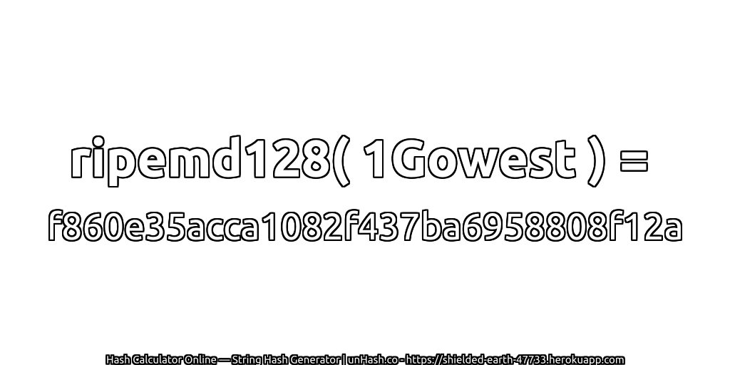 ripemd128( 1Gowest ) = f860e35acca1082f437ba6958808f12a | unHash.co