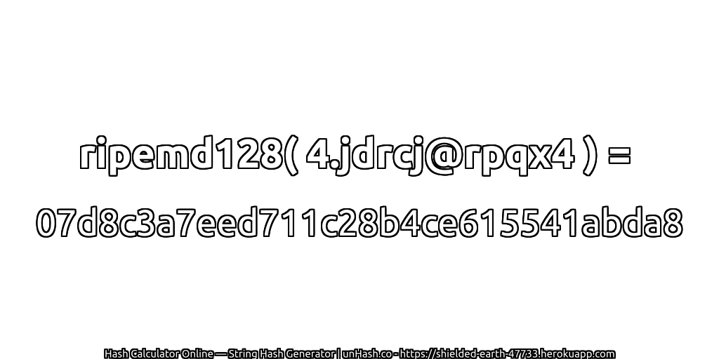 ripemd128( 4.jdrcj@rpqx4 ) = 07d8c3a7eed711c28b4ce615541abda8 | unHash.co
