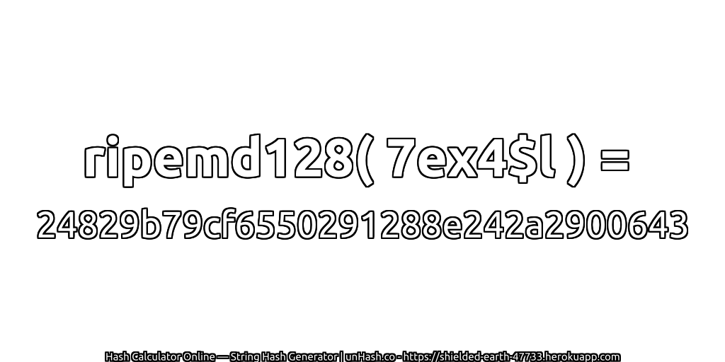 ripemd128( 7ex4$l ) = 24829b79cf6550291288e242a2900643 | unHash.co