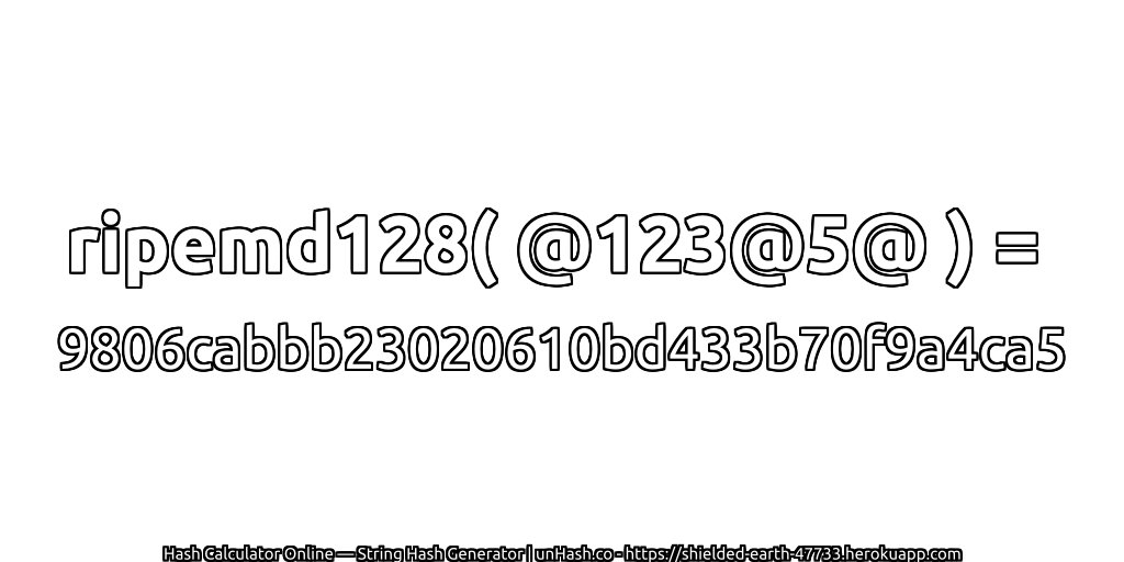 ripemd128( @123@5@ ) = 9806cabbb23020610bd433b70f9a4ca5 | unHash.co