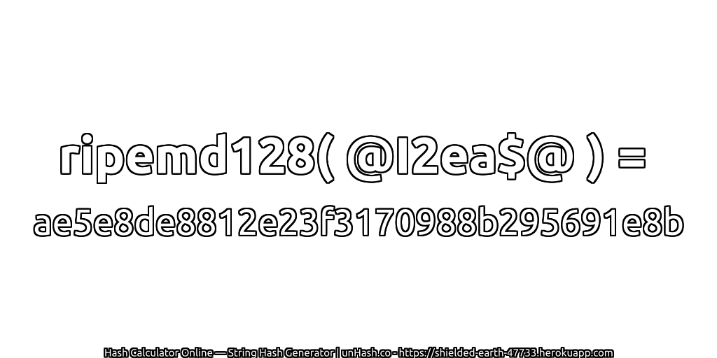 ripemd128( @I2ea$@ ) = ae5e8de8812e23f3170988b295691e8b | unHash.co