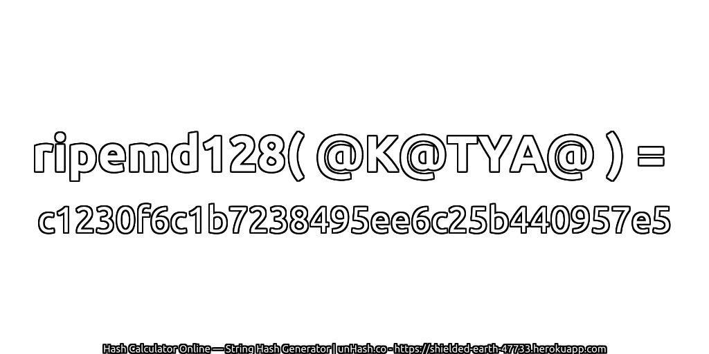 ripemd128( @K@TYA@ ) = c1230f6c1b7238495ee6c25b440957e5 | unHash.co